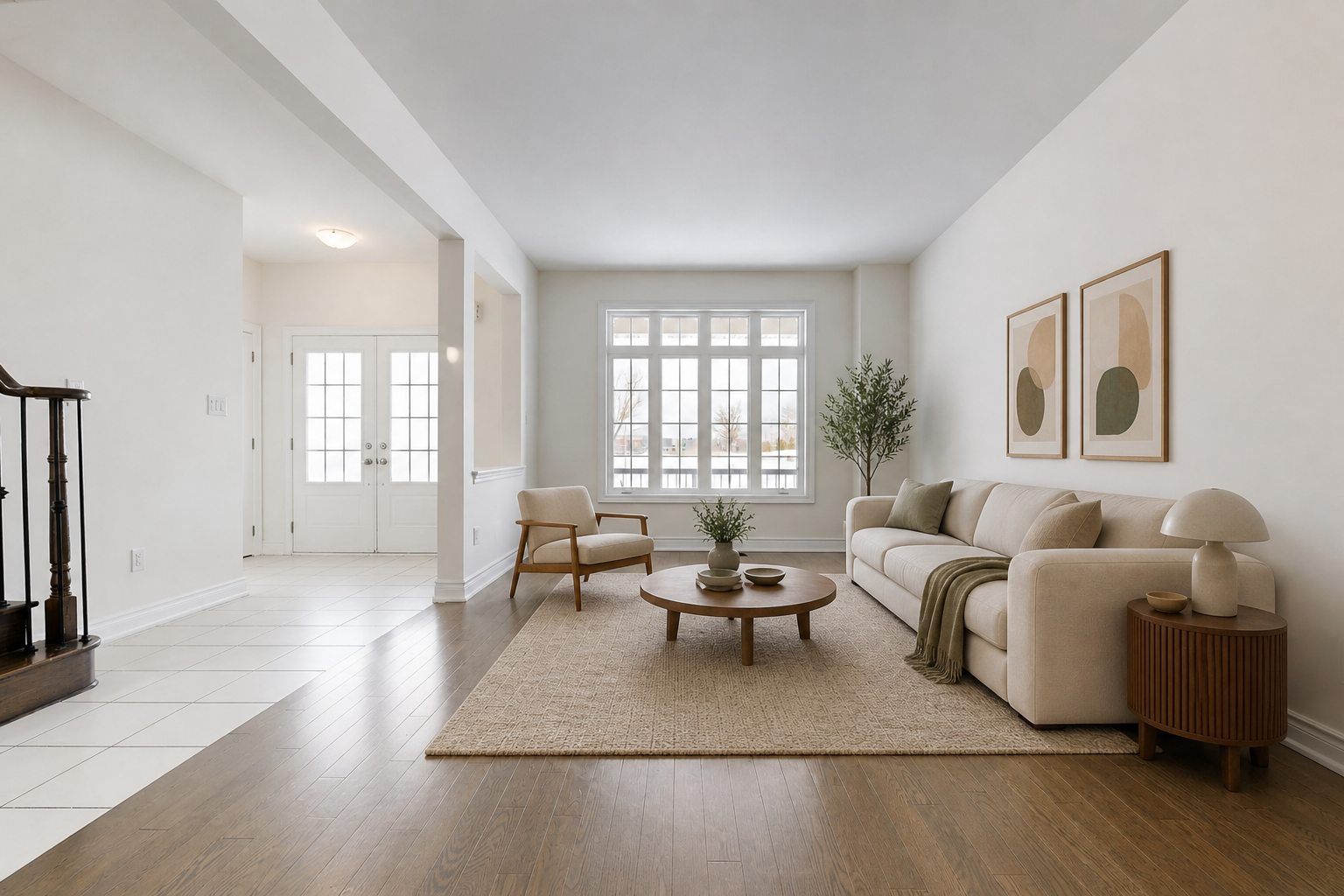 Bright open-concept living room with hardwood floors