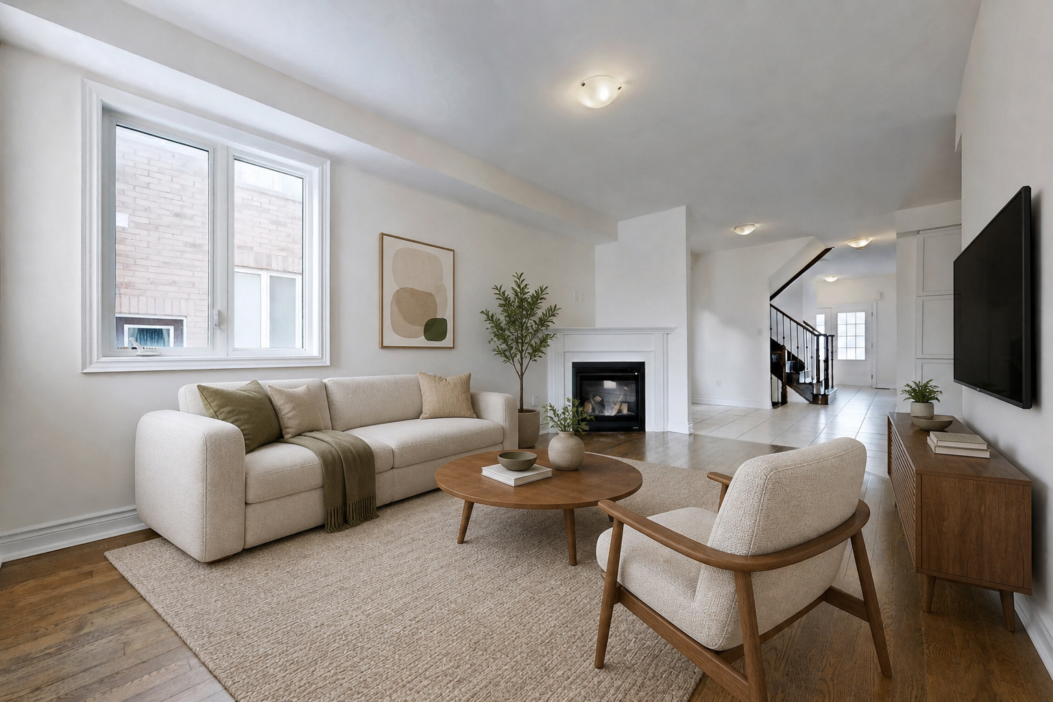 Family room with fireplace and open concept layout